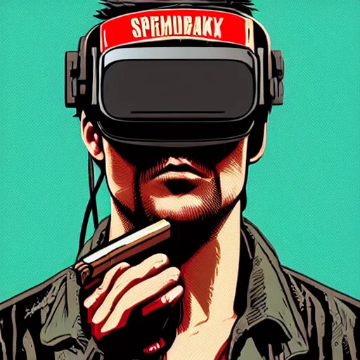 Image similar to Illustrated by Shepard Fairey and H.R. Geiger | Cyberpunk Rambo with VR helmet, surrounded by cables