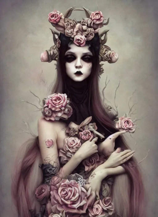 Image similar to pop surrealism, lowbrow art, realistic cute dark priestess painting, japanese street fashion, hyper realism, muted colours, rococo, natalie shau, loreta lux, tom bagshaw, mark ryden, trevor brown style,