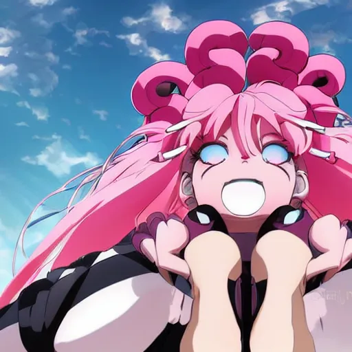 Image similar to stunningly beautiful omnipotent megalomaniacal anime goddess who looks like junko enoshima with symmetrical perfect face and porcelain skin, pink twintail hair and cyan eyes, looking down upon the viewer and taking control while smiling in a mischievous way, mid view from below her feet taken in an extremely low angle, hyperdetailed, 2 d 8 k