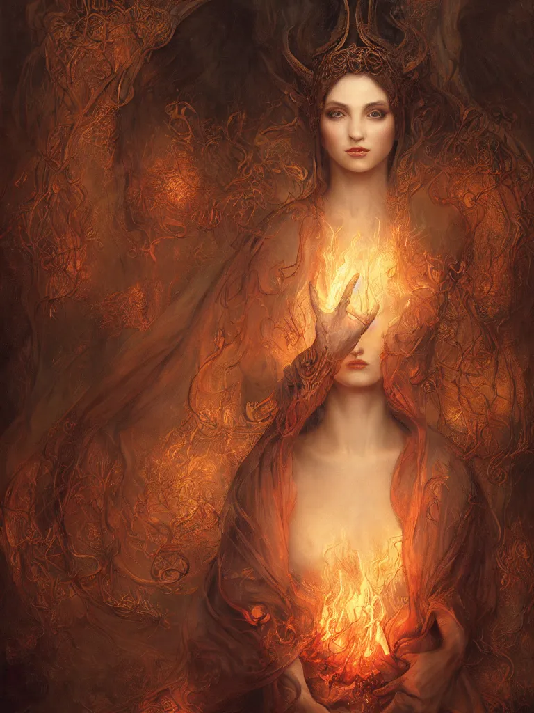 Prompt: breathtaking detailed soft painting of a elesh norn phyrxia, cloak of fireflies and embers, rembrandt style, detailed art nouveau stained glass of flames background, christian saint rosace, elegant, highly detailed, artstation, concept art, matte, sharp focus, art by Tom Bagshaw, Artgerm and Greg Rutkowski