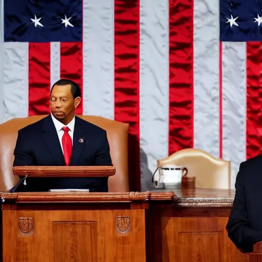 Image similar to tiger woods giving the state of the union address as president of the united states of america. ultra realistic. 4 k.