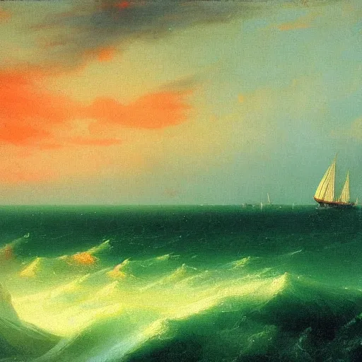 Image similar to red clouds and green ocean with sailboat painting by ivan aivazovsky