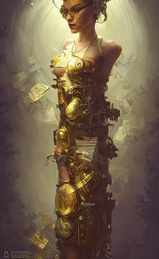 Image similar to hyper realistic time machine, cyberpunk, design on white background, beautiful details, lush foliage cyberpunk, gold, drawn by john singer sargent, tom bagshaw, norman rockwell, alphonso mucha, lolish, trending on artstation