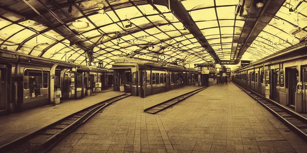 Image similar to train station in space, nostalgic atmosphere, photo, neon lights