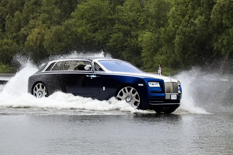 Image similar to Group of teenagers push Rolls-Royce into lake from small slide