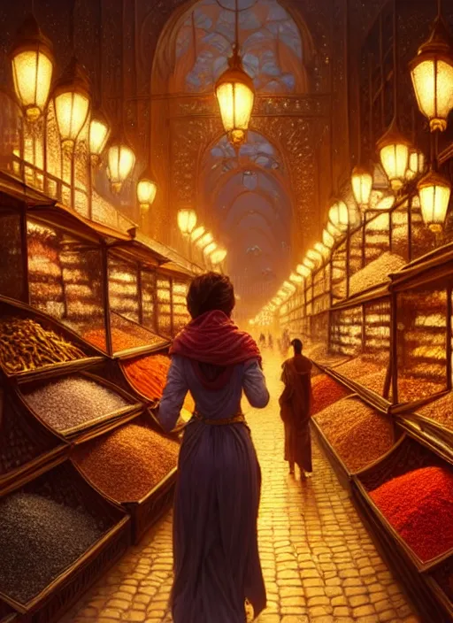 Prompt: a young woman shopping in a spice market at night, soft glow from lanterns, shiny, fantasy, intricate, elegant, hyper detailed, ultra definition, photoreal, artstation, unreal engine rendered, concept art, smooth, sharp focus, illustration, art by artgerm and greg rutkowski and alphonse mucha and garis edelweiss