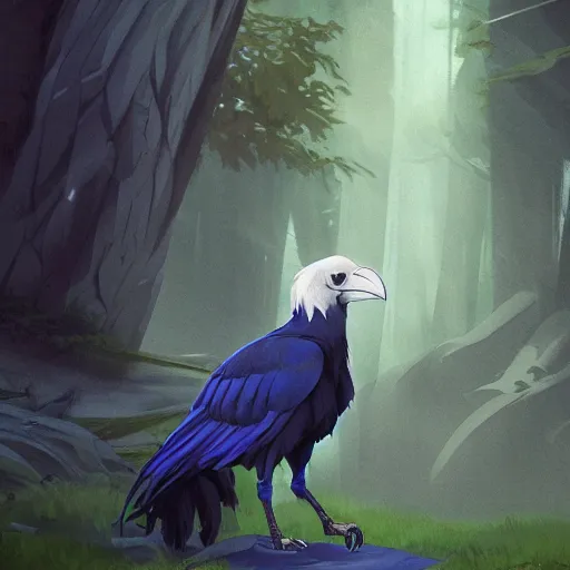 Image similar to concept art painting of an anthropomorphic albino raven wearing dark blue robes, in the deep forest, realistic, detailed, cel shaded, in the style of makoto shinkai and greg rutkowski and james gurney