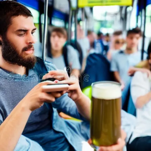 Image similar to a tired young university student is riding a crowded bus with a couple of fizzy dark beer bottles in his hands. student is looking at his smartphone. close up 4 k photo, bokeh, 5 0 mm, stock photo