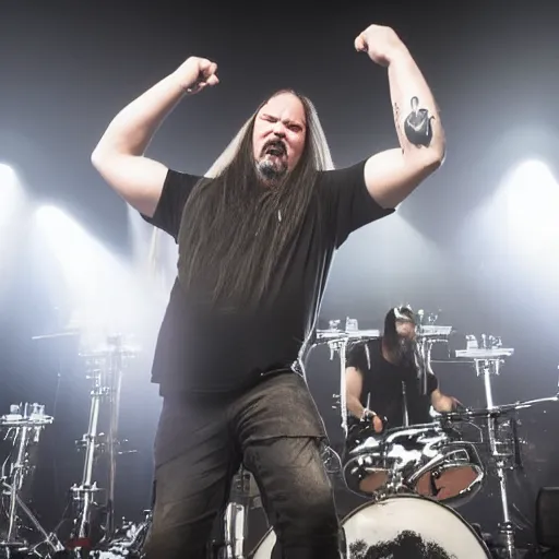 Image similar to Tomas Haake with 6 arms, playing heavy metal drums,