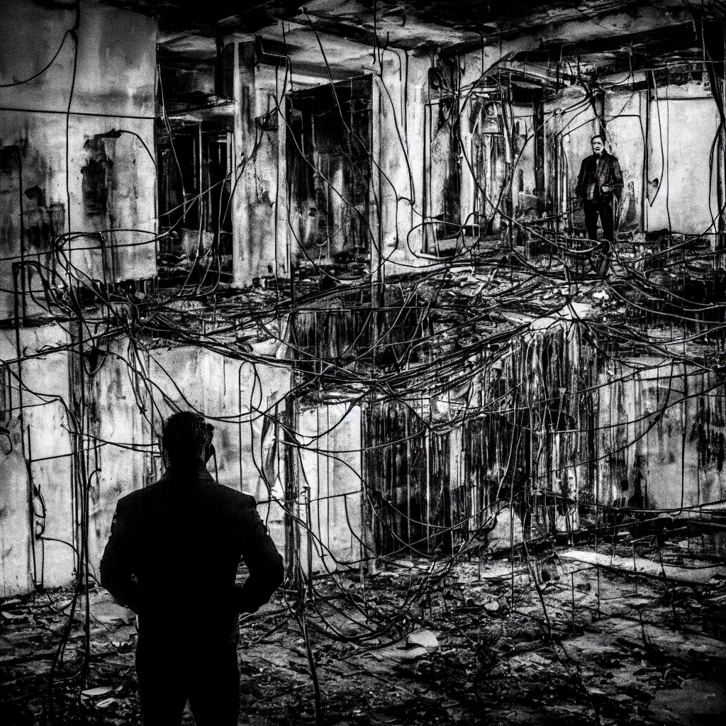 Image similar to a man in black in leather, watching a black hole forming in the grimy grungy basement of an abandoned apartment block, wires, cables, grainy black and white photography