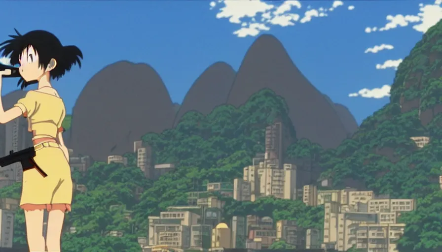 Image similar to 1 9 9 6 anime screencap of a girl with a gun on a rio de janeiro anime, by hayao miyazaki, studio ghibli, rio background extremely high quality artwork