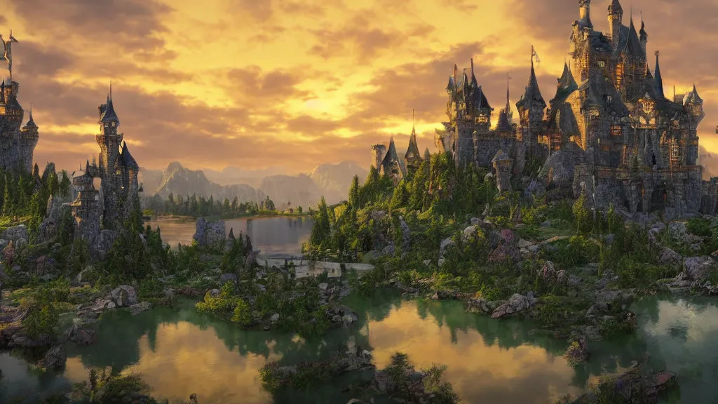 Image similar to fantasy castle with lake in sunset by mark adamus, fantasy artwork, very very very beautiful scenery, hd, hdr, ue5, ue6, unreal engine 5, cinematic 4k wallpaper, 8k, ultra detailed, high resolution, artstation, award winning