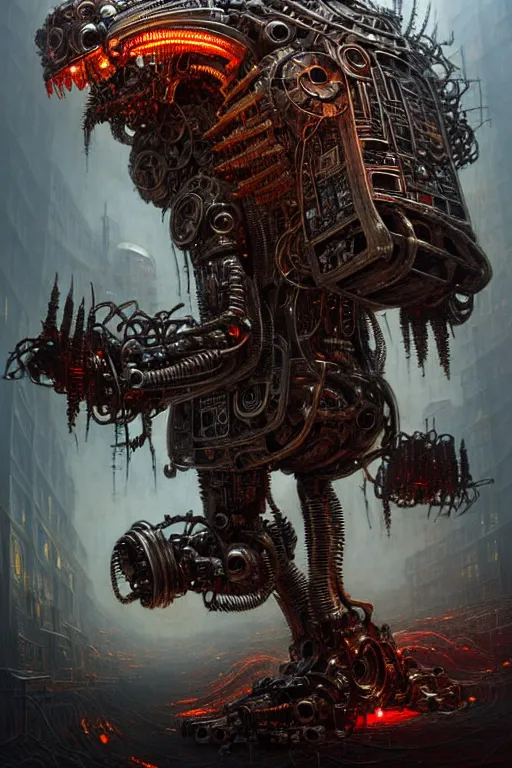 Image similar to A photo of a robot monster cyborg made of circuits wide view shot by ellen jewett , tomasz alen kopera and Justin Gerard, symmetrical features, ominous, magical realism, texture, intricate, ornate, royally decorated, android format, windows, many doors, roofs, complete house , whirling smoke, embers, red adornments, red torn fabric, radiant colors, fantasy, trending on artstation, volumetric lighting, micro details, 3d sculpture, ray tracing, 8k