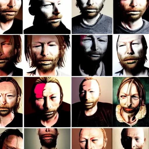 Image similar to versions collage, hyper realistic, many variations of thom yorke, very old, face variations, various emotions, various poses, high quality, brush stroke