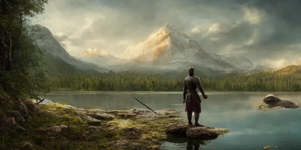 Image similar to beautiful landscape of small lake at midday with distant mountains and close - up of a symmetric detailed man in realistic detailed medieval armor facing off against a monster, ultra realistic, epic, highly detailed, hd, sharp focus, cinematic lighting, realistic, vivid colors, gritty, matt painting, digital art, non blurry, sharp, artstation, concept art, smooth, illustration