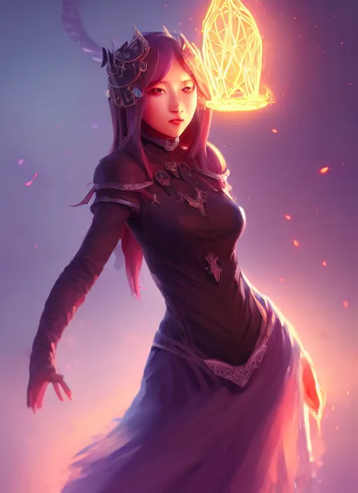 Image similar to dark fantasy female magician, magic floating around, fireflies, pretty hands, pretty legs, wide angle view, fullbody view, highly detailed, qichao wang, artgerm, cushart krenz, zeronis, trending on artstation, soft light, sharp edges, illustration, character design, concept art