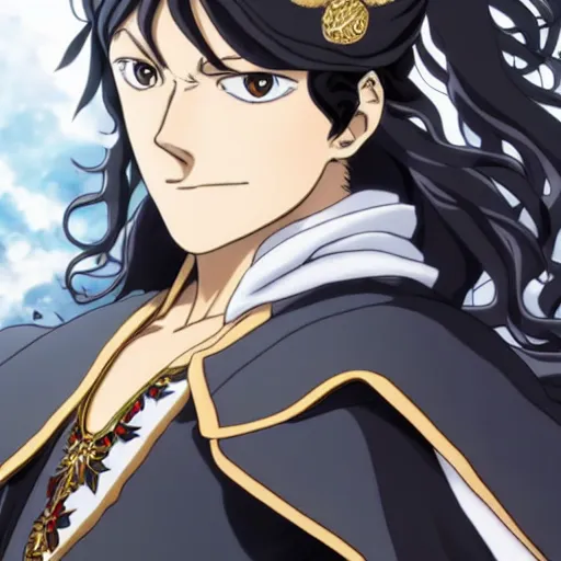 Prompt: DLE, Official Media, Screenshot from Black Clover, Anime key visual portrait of attractive voluptuous woman, long brunette hair, wearing shoulder cape, holding grimoire, highly detailed, by Yūki Tabata