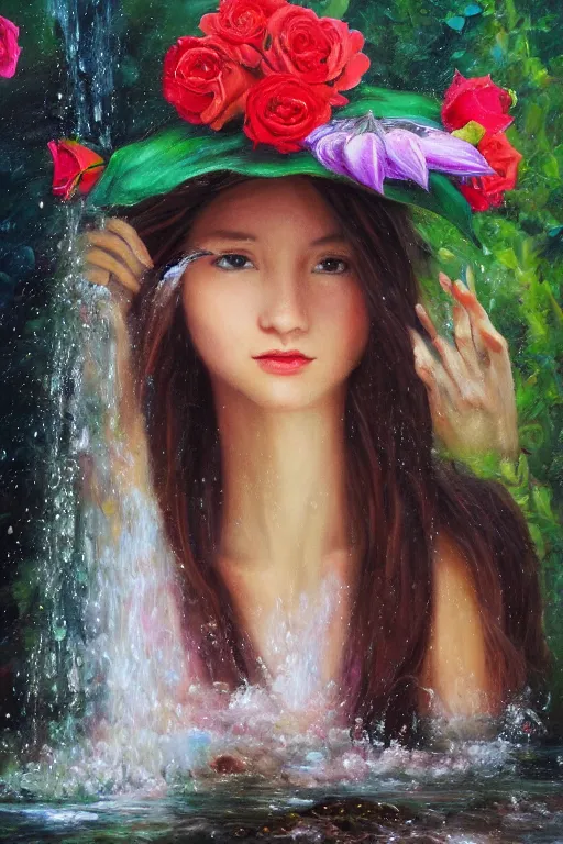 Prompt: oil painting, romanticism, girl in flower hat, waterfall cave, fresh flower dress, roses, lilies, water drops, overhead light, japanese carp, 4 k, 8 k