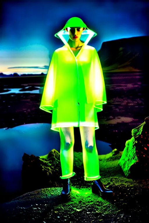 Image similar to an ultra high definition professional high fashion portrait studio full length photograph of a model wearing a transparent pearlescent raincoat and neon visor in an icelandic black rock environment at dawn. no artefacts. extremely detailed. stark. refraction. shallow depth of field. volumetric light and shadow. ray tracing. light rays.