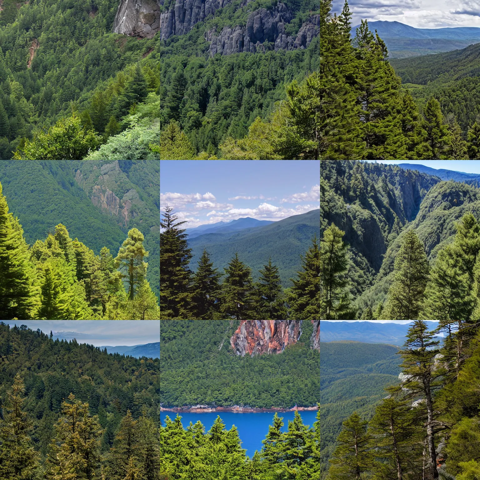 Prompt: rocky cliff formation protrudes from the evergreen trees. blue hued mountains recede into the distance. a gorge separates the foreground from the background.