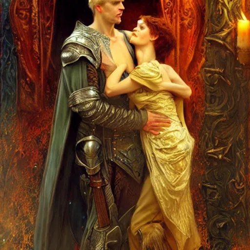 Image similar to stunning arthur pendragon in love with stunning male merlin the mage. they are close to each other. highly detailed painting by gaston bussiere, craig mullins, j. c. leyendecker