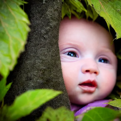 Image similar to award winning hyper realistic photograph of a baby sasquatch portrait hiding in the leaves peering out timidly with with large cute eyes