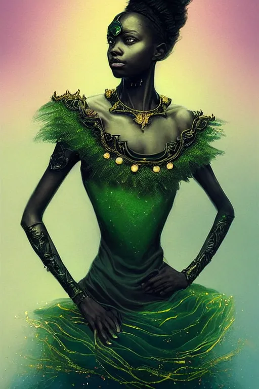 Prompt: portrait of a black princess warrior , fantasy, gradient black green gold, dreamy and ethereal, green eyes, golden ratio, peaceful expression, ornate frilly dress, fantasy, intricate, elegant, rainbow splash of ink, highly detailed, digital painting, artstation, concept art, smooth,b sharp focus, illustration, art by artgerm and greg rutkowski and alphonse mucha