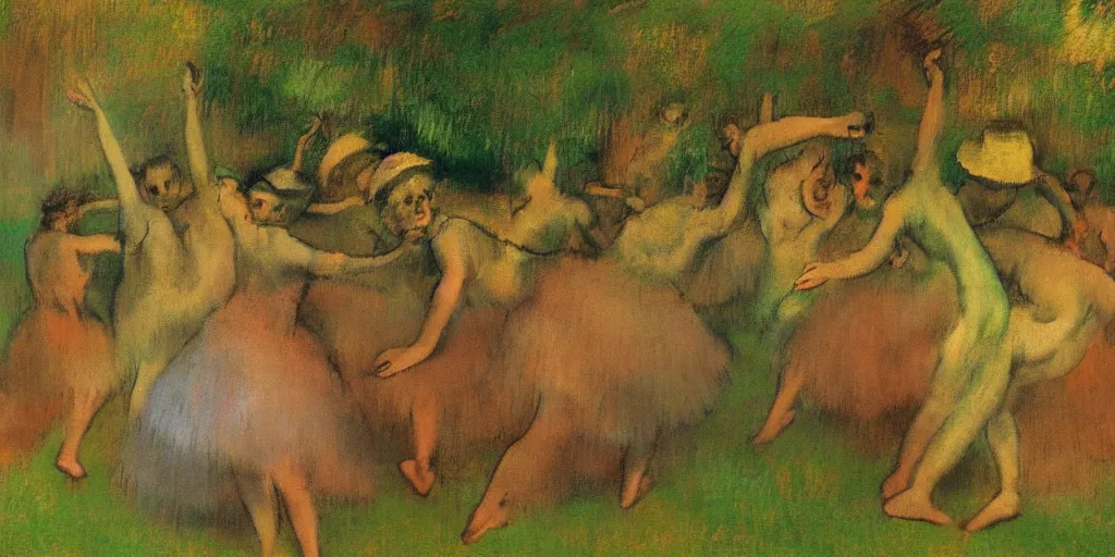 Image similar to tall terrifying green aliens sitting in a circle. in the victorian era. in the style of an impressionist painting. edgar degas