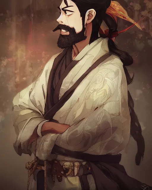 Image similar to an anime portrait of ferdinand magellan as a beautiful man wearing a kimono from skyrim, by stanley artgerm lau, wlop, rossdraws, james jean, andrei riabovitchev, marc simonetti, and sakimichan, trending on artstation