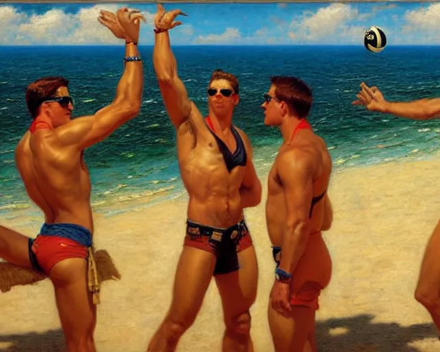 Image similar to top gun beach volleyball scene, cool colors, painting by gaston bussiere, craig mullins, j. c. leyendecker, tom of finland