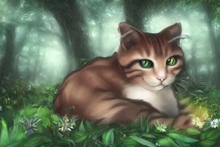 Image similar to a cat in a forest, highly detailed, digital art, trending on artstation, backlighting, by kawacy, by ken sugimori, fan art