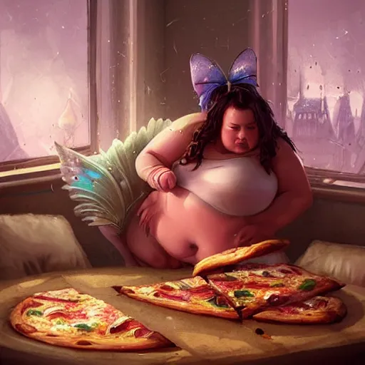 Prompt: a very fat fairy sitting on a messy couch in a messy room, burping because she ate too much pizza, fantasy art, illustration, amazing detail, in the style of greg rutkowski, artgerm, cgsociety