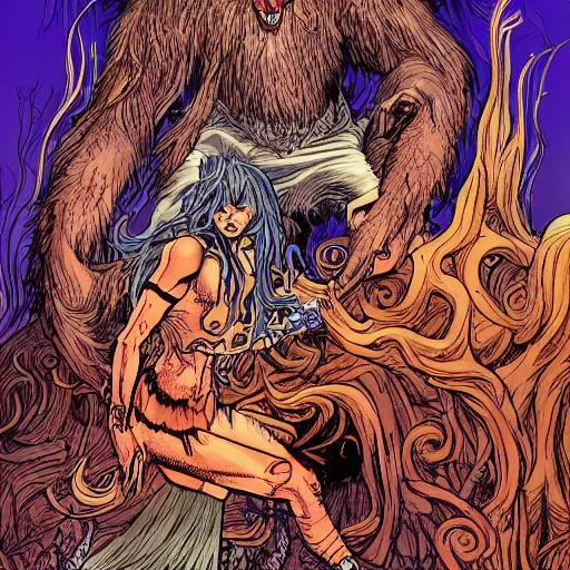 Prompt: precisely drawn illustration of an unknown magical creature from folklore, wide angle, sharp, fine details, french comic style, vibrant realistic colors, full color, heroic fantasy, clear detailed view, intense line art, 8 k, precise linework, realistic, in the style of heavy metal comics and richard corben and moebius