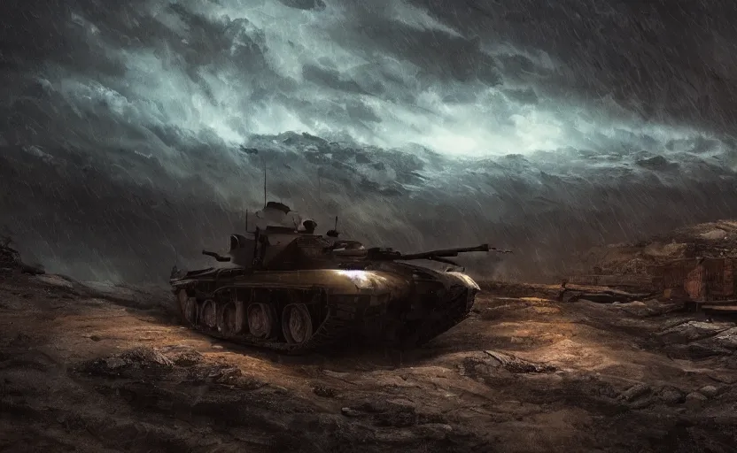 Prompt: a challenger 2 black night in the mountain at night by Paul Chadeisson, blue headlights, dark image, stormy weather, landscape, military outpost, spotlights, atmospheric, artstation, concept art, illustration, sharp focus, high detail, octane render, intimidating
