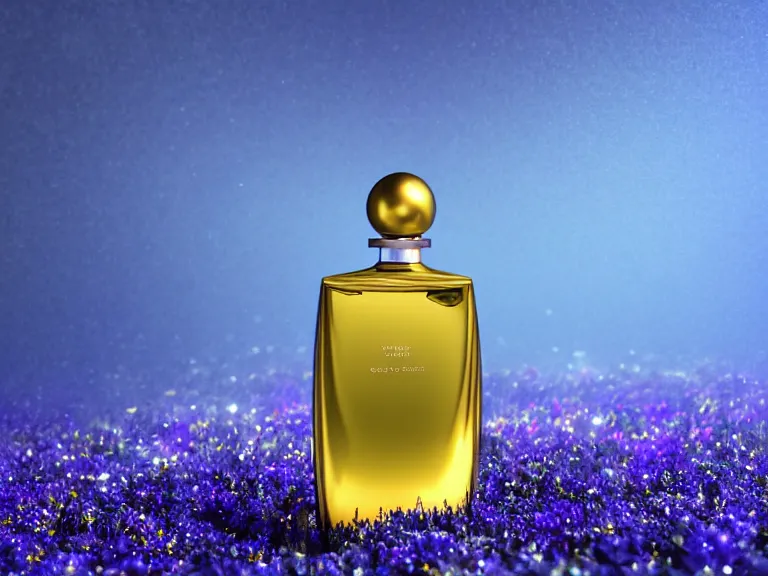 Image similar to perfume bottle standing in a glittering oasis in deep blue pond water surrounded blue flowers by zaha hadid ; octane highly render, 4 k, ultra hd, 2 0 0 mm, mute dramatic colours, soft blur outdoor stormy sea background, volumetric lighting