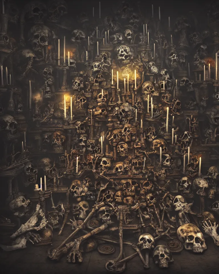 Image similar to full color, low wide shot of sedlec ossuary, bones, anime style mixed with fujifilm, dark, foggy, atmospheric, artstation, cgsociety, octane render, cgi, unreal engine 5, denoise, detailed, cinematic masterpiece