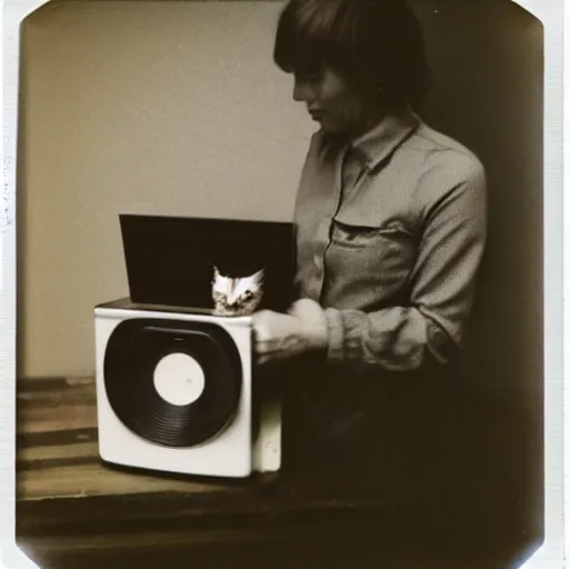 Prompt: a polaroid photo of a a computer with a pet human