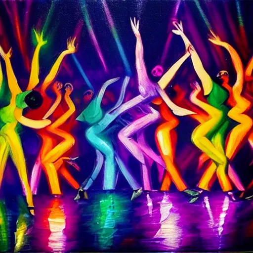 Image similar to dark dancing silhuettes in a dance club, colorful lights, dramatic lighting, a lot of energy, oil painting