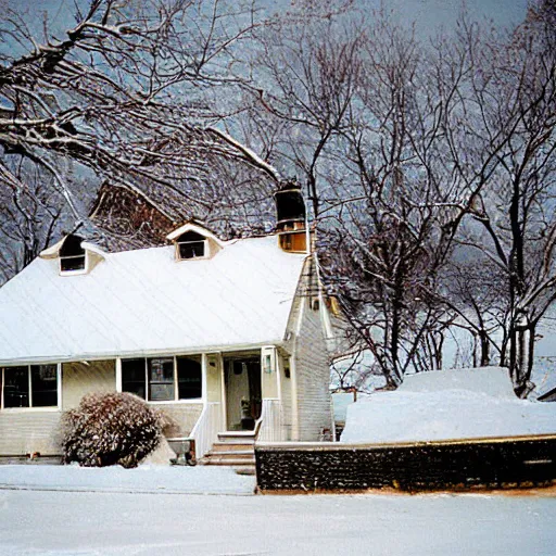 Image similar to a high flash photo of a suburban home from the street during winter, 2 0 0 6, taken with a disposable camera