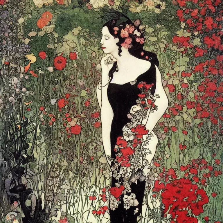 Prompt: Woman standing in a black dress, black and red lips and white hair, she is standing in a garden with flowers and birds Anton Pieck,Jean Delville, Amano,Yves Tanguy, Alphonse Mucha, Ernst Haeckel, Edward Robert Hughes,Stanisław Szukalski and Roger Dean