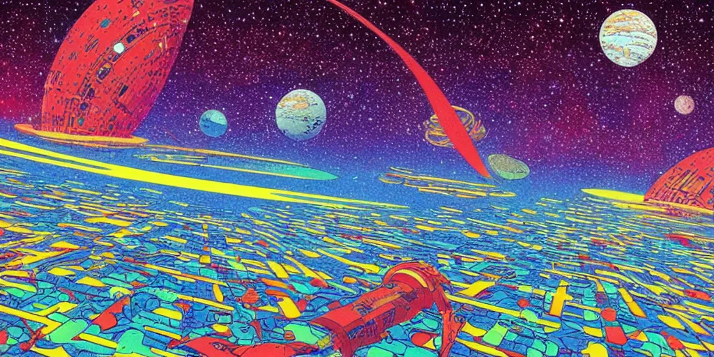 Prompt: colourful illustration of a floating space settlement. thousands of stars in the background. art by moebius. science fiction art. detailed digital painting.