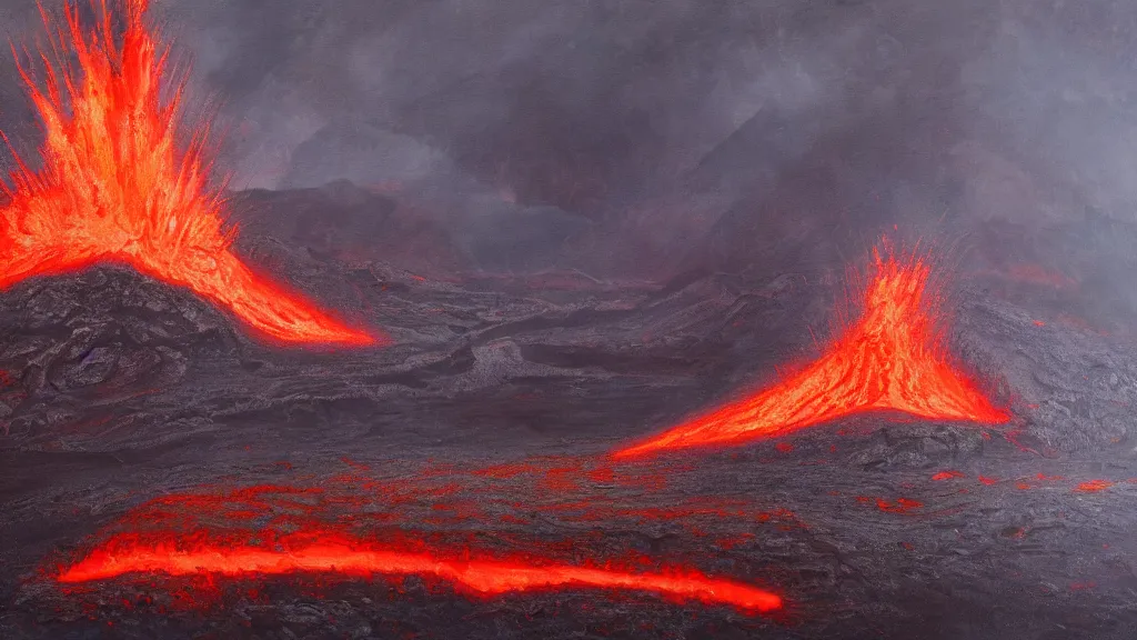 Prompt: Trending on artstation, beautiful volcanic lava landscape, detailed matte painting, oil on canvas