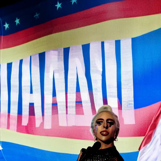 Image similar to Lady Gaga as president, Argentina presidential rally, Argentine flags behind, bokeh, giving a speech, detailed face, Argentina