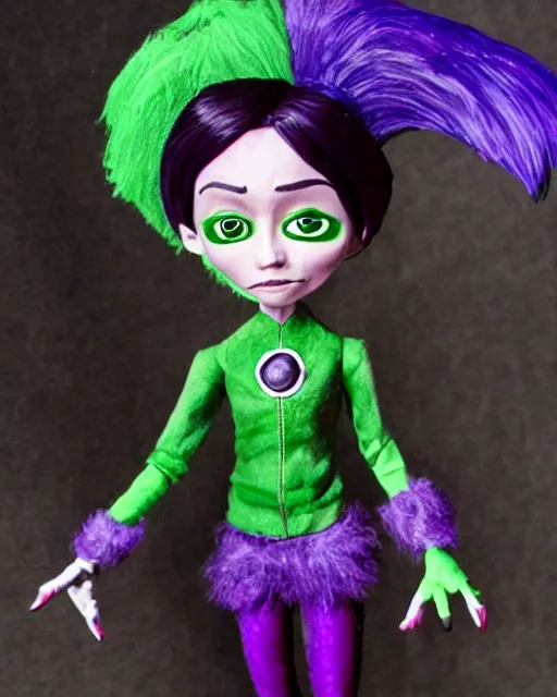 Image similar to actress ruby rose as the purple skinned green lantern soranik natu, as a highly detailed stop motion puppet, in the style of laika studios ’ s paranorman, coraline, kubo and the two strings shot in the style