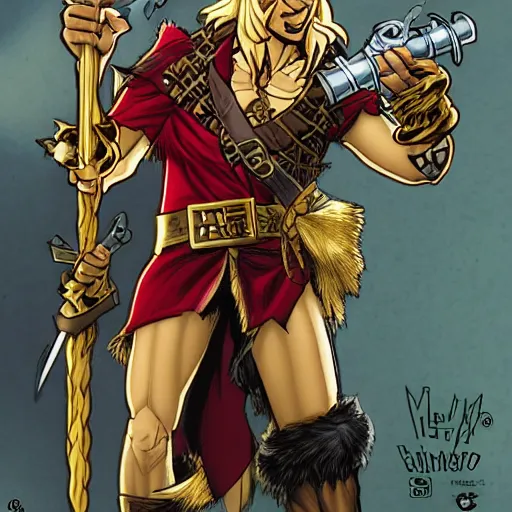 Prompt: a pirate elf holding a saber made of gold by Humberto Ramos and Mark Robinson