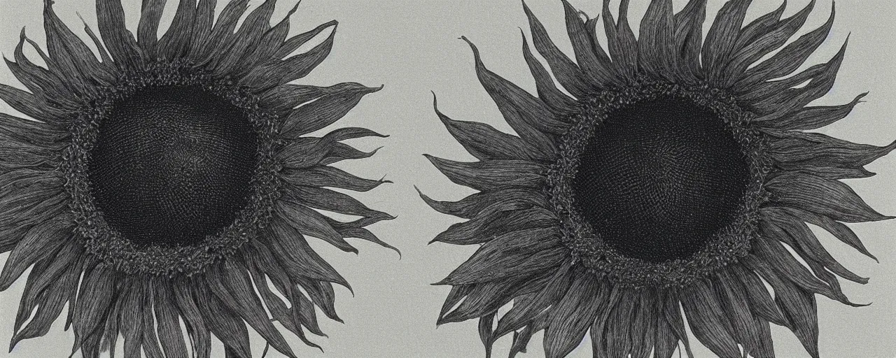 Image similar to a black and white sunflower, black minimalistic background, by Beksinski