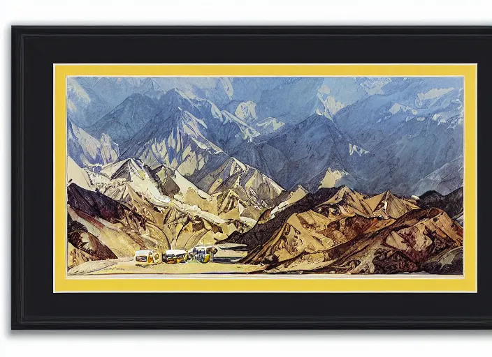 Image similar to a copic maker illustration of the andes mountain range in santiago de chile framed by a train window by john berkey norman rockwell and giorgio de chirico