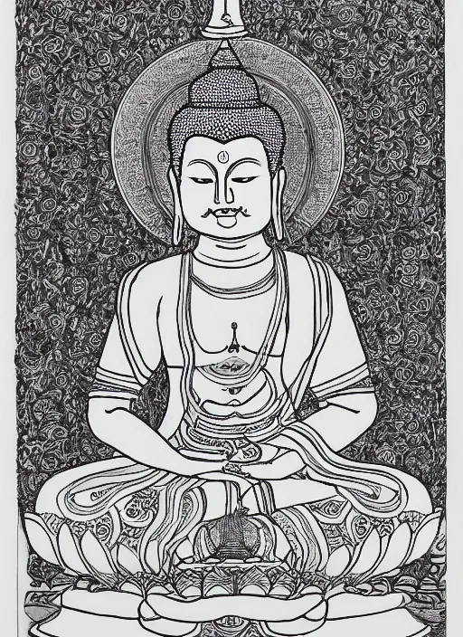 Image similar to detailed pen and ink illustration of a Buddhist bodhisattva with a bears head, anthropomorphic, all drawn with micron, seated in royal ease, 0.2 black micron pen on white paper, highly detailed, fine pen work, white background, in the style of Olivia Kemp