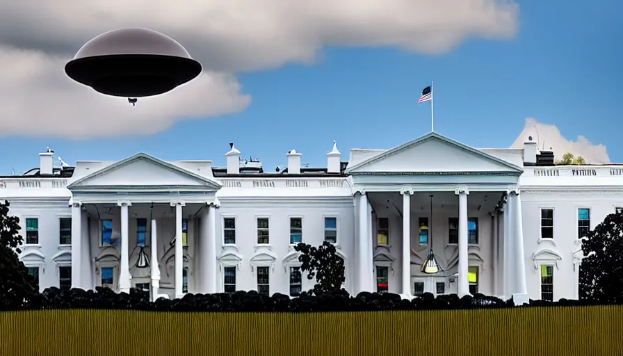 Prompt: a UFO floating next to the white house, 4k photography award winning,