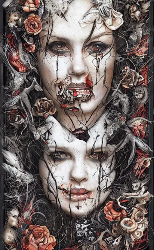 Image similar to a horror tarot card design with intricate details :: Sandra Chevrier and bastien lecouffe deharme